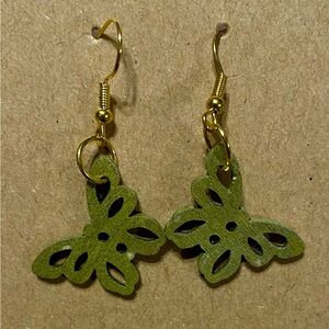Green Dangling Wooden Butterfly Earrings